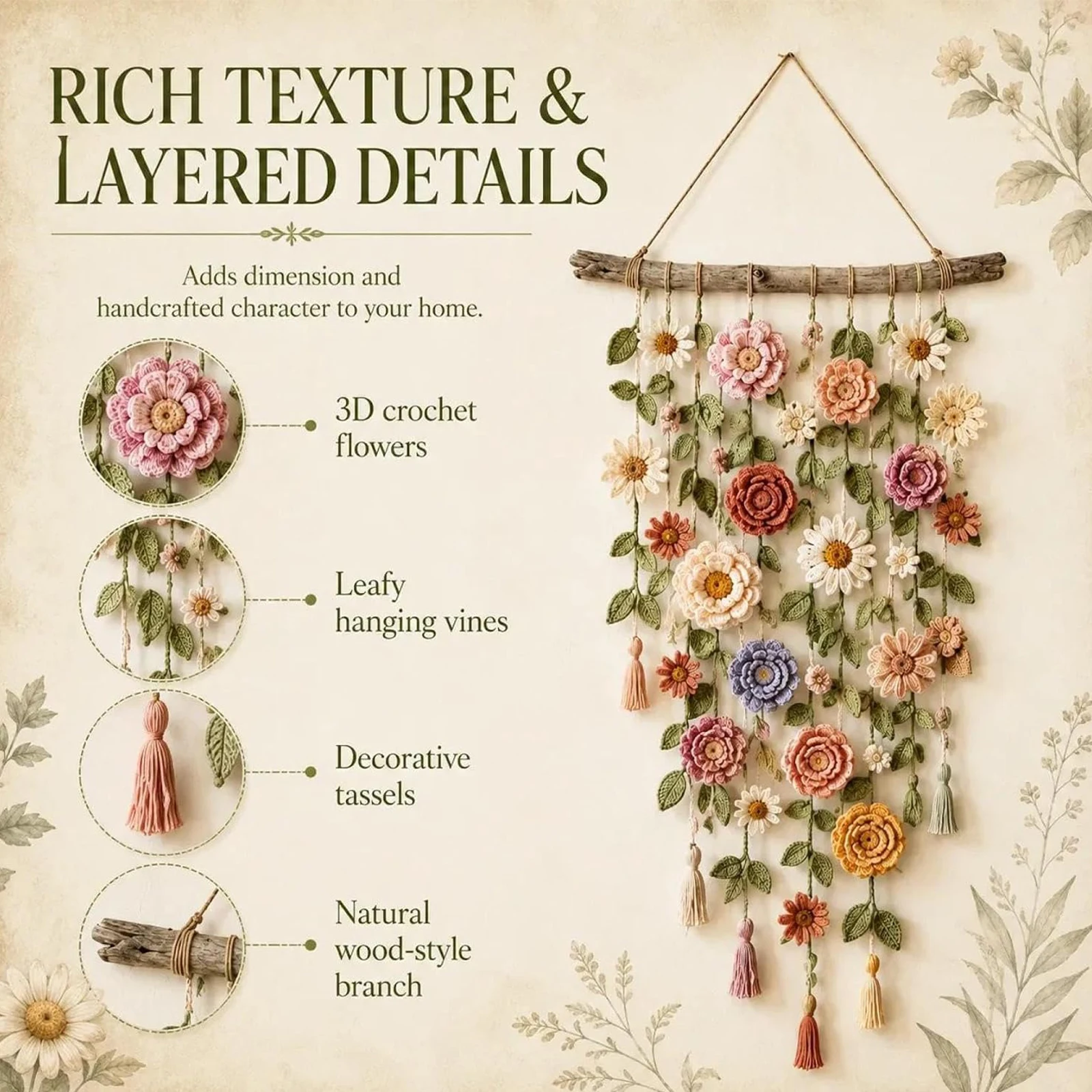Macrame Wall Hanging - Floral Vine Decor Boho Crochet Wall