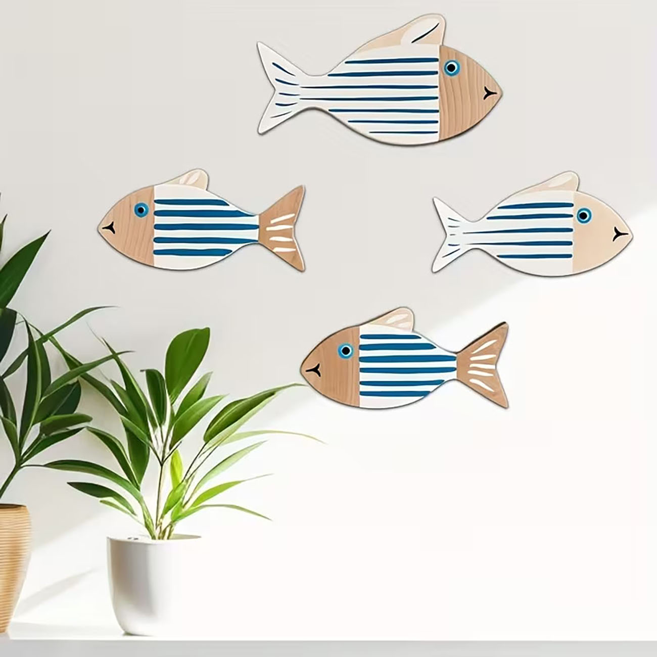 4 Pcs Wooden Striped Fish Wall - Home Decor Nautical ulasan dan harga
