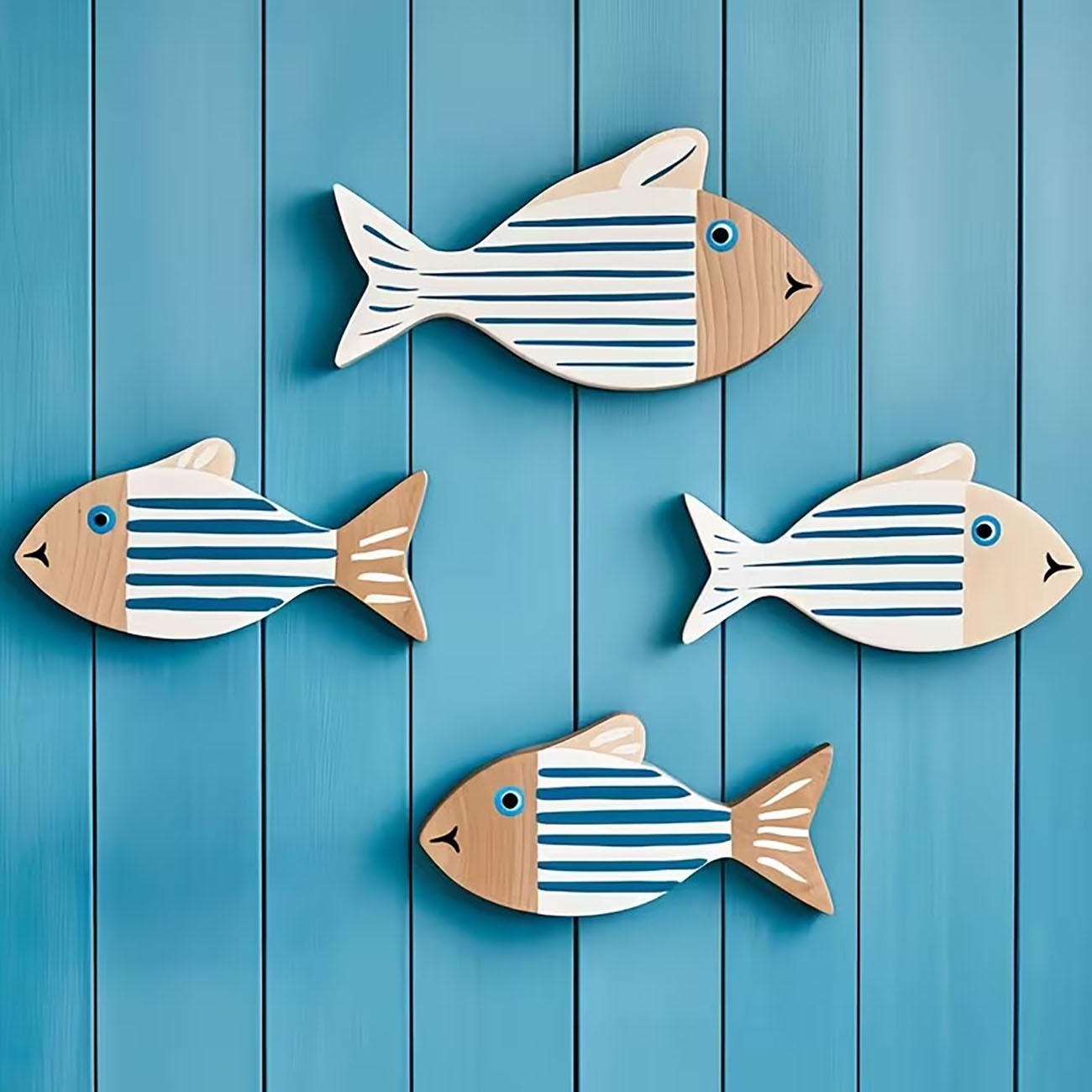 4 Pcs Wooden Striped Fish Wall - Home Decor Nautical ulasan dan harga