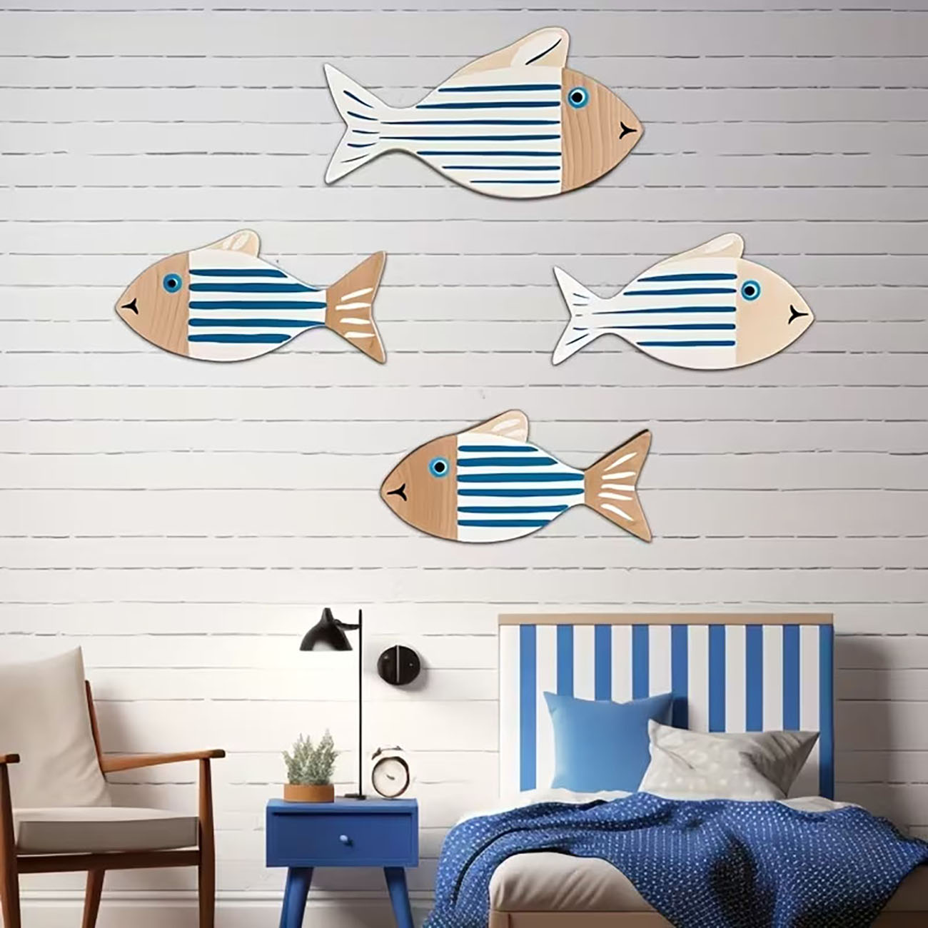 4 Pcs Wooden Striped Fish Wall - Home Decor Nautical ulasan dan harga